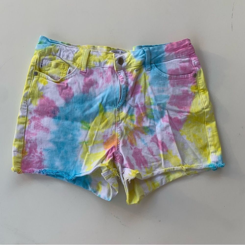 Judy Blue Shorts Tie Dye Rainbow Women XL Stretch Denim Fray Cut-Off Colorful